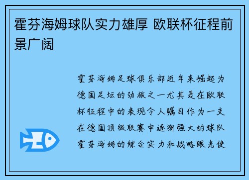 霍芬海姆球队实力雄厚 欧联杯征程前景广阔