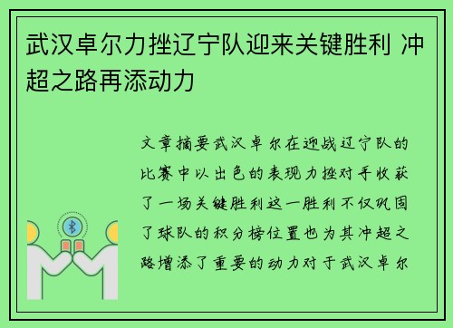 武汉卓尔力挫辽宁队迎来关键胜利 冲超之路再添动力