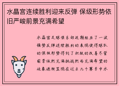 水晶宫连续胜利迎来反弹 保级形势依旧严峻前景充满希望