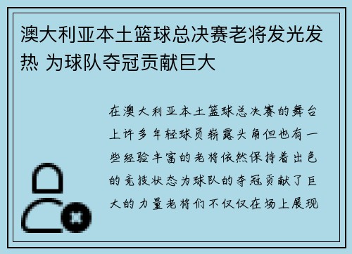 澳大利亚本土篮球总决赛老将发光发热 为球队夺冠贡献巨大